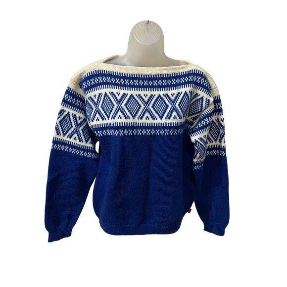 Vintage 70s Block Heater Fair Isle Wool Sweater Women’s Small Blue & Cream Geome - Picture 2 of 9